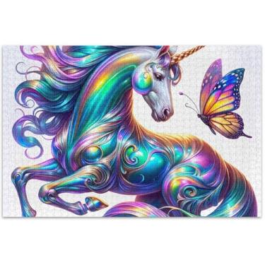 Imagem de Quebra-cabeça de unicórnio iridescente 1000 peças adultos arte animal quebra-cabeça grande família elefante branco presentes, 75 x 40 centímetros