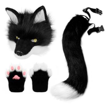 Imagem de HAOAN Conjunto de máscara de lobo de cachorro de pele sintética de pelúcia Therian, conjunto de luvas de cauda de raposa, acessórios para fantasia de cosplay de Halloween, Preto, branco, tamanho �nico