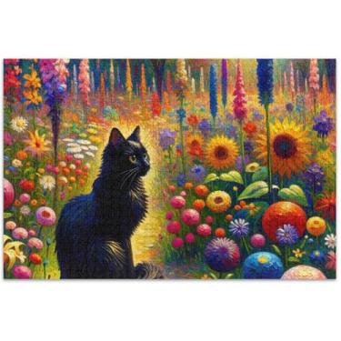 Imagem de Quebra-cabeças de gato preto flores da primavera 500 peças adultos desenhos animados animais divertidos quebra-cabeças para adultos presentes de jogo 50,5 x 14,9 polegadas