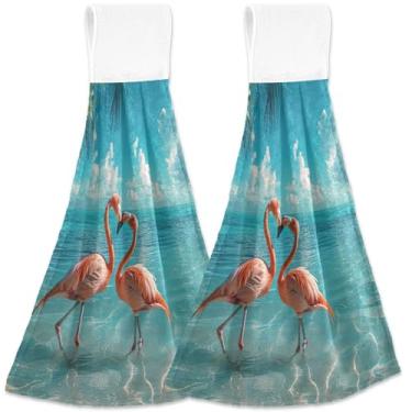 Imagem de TSENQUE Flamingos Toalhas de mão oceano verão com laços para pendurar toalhas de gravata de banheiro conjunto de 2, absorvente macio azul rosa bonito cozinha decoração de banheiro, 18,2 x 14 polegadas