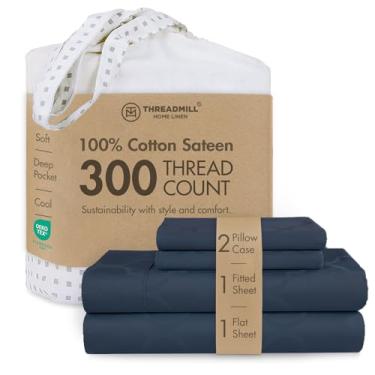 Imagem de Threadmill Jogo de cama casal de algodão | 100% algodão para cama de casal | Conjunto de lençóis de casal Damasco Jacquard com bolso profundo de 40,6 cm | Conjunto de cama refrescante de 4 peças de