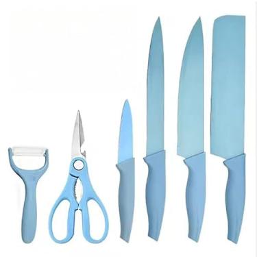Imagem de Conjunto de Facas de Cozinha com Padrão Granito, 6 Peças, Lâminas em Aço Inoxidável, Cabo Branco, Inclui Tesoura e Descascador (Azul)