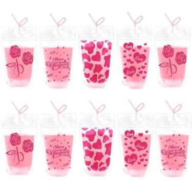 Imagem de 20 conjuntos de sacos de bebida de coração com canudos, sacos de suco de rosa para festa do dia dos namorados, suprimentos de decorações de aniversário