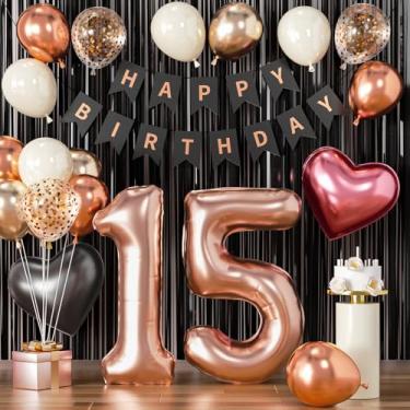 Imagem de Decorações de aniversário de 15 anos para meninas, decorações de quinze anos, balões de ouro rosa e preto, bandeira Mis Quince Happy 15, ouro rosa, número 15, balão para decoração de festa de 15 anos
