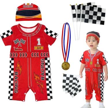 Imagem de iofunfan 6 peças Fantasia de motorista de carro de corrida para bebê, roupa de 1º aniversário, presentes para bebês recém-nascidos, dia das bruxas (vermelho, 12-20 meses)