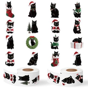 Imagem de BkeeCten Christmas Black Cat Stickers - 2 Rolls with 16 Designs Waterproof Self-Adhesive Decals for Gift Wrapping, Kids Crafts, Water Bottles, Laptop Decor, Family Holiday Activities & Pet Lover Gifts