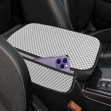 Imagem de ongfuwu Capa de console central de carro, capa de apoio de braço de seda gelada de resfriamento de 12,4" × 7,5 cm para carros, almofada de apoio de braço automotivo respirável com bolso de