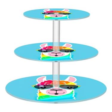 Imagem de Suporte de cupcake para festa de chá, 3 camadas, para casamento, acrílico, torre de bolo, fofo, arco-íris, lhama azul, decoração de mesa, sobremesa, chá, festa, servir, comida, colorido