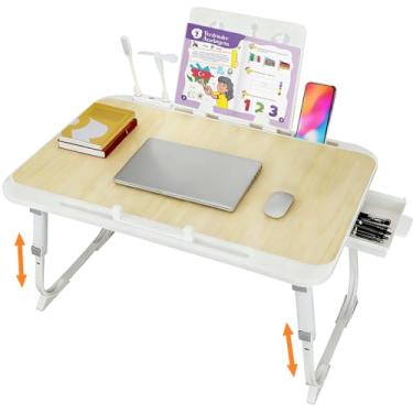 Imagem de Mesa dobrável para laptop com alça - porta de carregamento USB, compartimento para cartão de mesa, gaveta lateral - portátil para comer, ler e trabalhar (bordo branco)