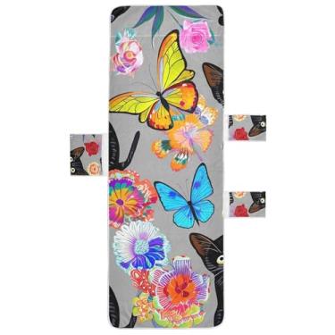 Imagem de Gatinhos pretos flores coloridas borboletas capa de espreguiçadeira toalhas de cadeira de praia capas de cadeira com bolsos espreguiçadeira engraçada 85 x 76 centímetros