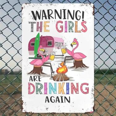 Imagem de Flamingos Drinking By Campfire Arte de parede de alumínio rústico e placa de metal - 20,3 x 30,5 cm decoração vintage para ambientes internos e externos para casa, escritório, café, quintal e jardim