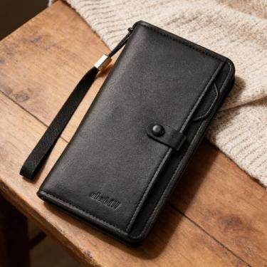 Imagem de Carteira universal de luxo preta compacta de couro macio brilhante, durável, design compacto preto luxuoso com fivela, couro macio brilhante e acabamento durável resistente a arranhões