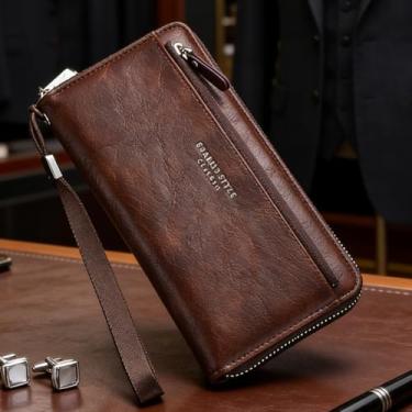 Imagem de Carteira masculina, bolsa de couro longa funcional com zíper único, acesso a cartão externo e bolso para telefone, transporte manual macio com bloqueio RFID (café escuro)
