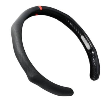 Imagem de Capa de volante de couro napa perfurado esportivo de instalação rápida com acabamento em listras circulares vermelhas universal serve para qualquer picape de carro de 35 a 38 cm SUV 35 a 38 cm SW