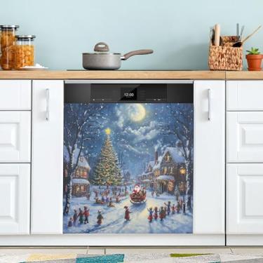 Imagem de SEHANY Linda capa magnética de Papai Noel para lava-louças, adesivos magnéticos decorativos antiarranhões para painel de geladeira e lava-louças, decoração de Natal de cozinha doméstica 58 x 66 cm