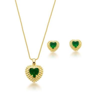 Imagem de Conjunto Colar e Brincos Coração Verde Escuro Banhado a Ouro 18k - Atr