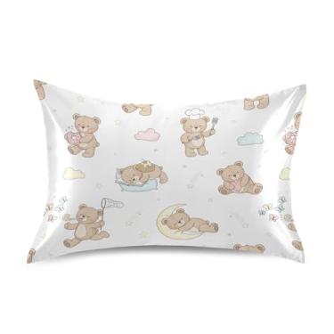 Imagem de Wassud Linda fronha de cetim ursos marrons para cabelo e pele fronhas de seda lisa tamanho padrão capas de travesseiro respiráveis com fecho de envelope