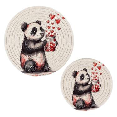 Imagem de Wassud Suportes redondos de panda e coração trivets de algodão almofadas quentes porta-copos elegantes decoração de cozinha e acessórios 2 peças