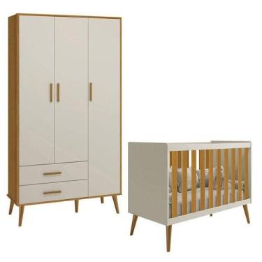 Imagem de Berço Americano E Guarda Roupa Infantil 3 Portas Isis Areia Acetinado 