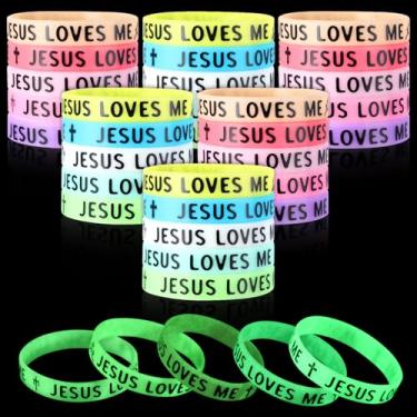 Imagem de PullCrease 100 pulseiras Jesus Loves Me que brilham no escuro, 10 estilos, pulseiras de silicone religiosas coloridas, cruz, cristãs, presente para escola bíblica, igreja, grupo