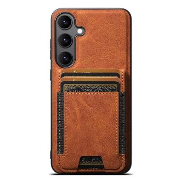 Imagem de POYUFRG Capa magnética para Samsung Galaxy S26 Ultra/S26 Plus, capa carteira de couro padrão lichia com suporte destacável para cartão, laranja, S26 Plus