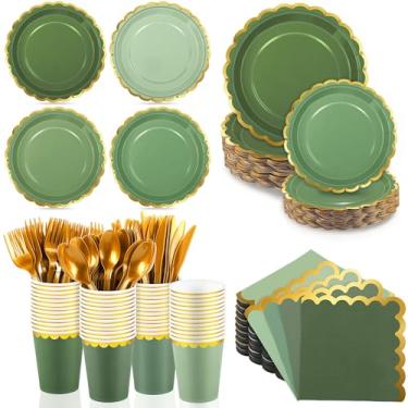 Imagem de Kochorie 140 peças de artigos de festa verde sálvia para 20 convidados, conjunto de louça descartável, inclui pratos recortados, guardanapos, copos, talheres, talheres, utensílios de mesa, para festa