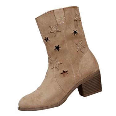 Imagem de Botas femininas em formato de estrela, bico fino, salto grosso, retrô, casual, Bege, 36