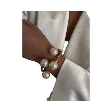 Imagem de Pulseira De Cuff Punk Chunky Com Pérolas Imitadas Para Mulheres E Home