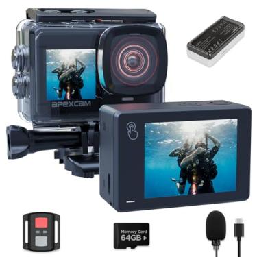 Imagem de Apexcam Câmera de ação de tela dupla 4K60FPS 8X Zoom EIS 48MP com cartão de 64 GB Ultra HD WiFi câmera esportiva câmera subaquática 40 m à prova d'água 2,4G controle remoto 2 x 1350 mAh baterias