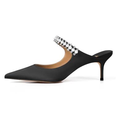 Imagem de XINIUNIU Sandálias femininas de salto alto com strass bico fino sem cadarço de 6 cm gatinho stiletto bico fechado sapatos de casamento, Preto acetinado de 6,5 cm, 37