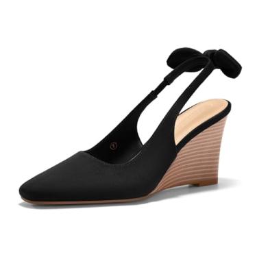 Imagem de Coutgo Sapato social feminino confortável de salto cunha com laço e bico quadrado fechado, Camurça preta, 41
