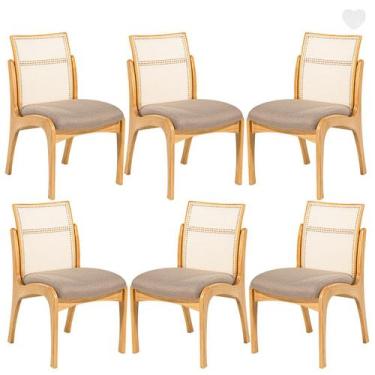 Imagem de Kit 6 Cadeiras de Jantar em Madeira Lisboa Encosto Rattan Estofada Lin
