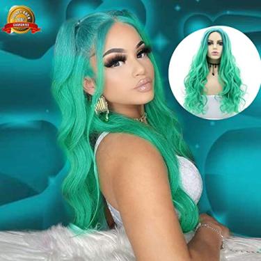 Imagem de Peruca longa verde limão colorida para mulheres, peruca longa ondulada, verde e azul, peruca sintética de fibra resistente ao calor natural perucas de reposição de cabelo arrastar cosplay festa 61 cm