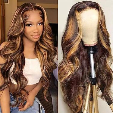 Imagem de Peruca frontal ondulada 4/27 de cabelo humano pré-arrancada 13x4 HD com cabelo de bebê, densidade de 180%, marrom ombré e loiro mel para mulheres negras, 61 cm