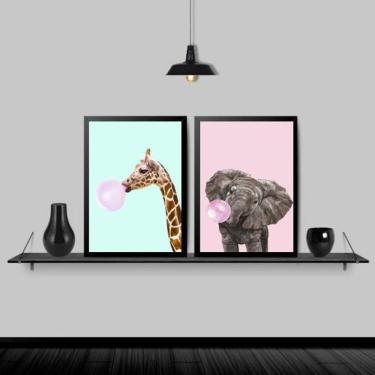 Imagem de Kit 2 Quadros Girafa E Elefante Chiclete 24X18 Moldura Preta