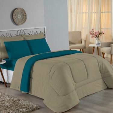 Imagem de Kit Edredom Dupla Face + Jogo De Lençol King Nobre 6 Peças Malha 100% Algodão - Avelã / Petróleo