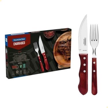 Imagem de Jogo De Talheres Para Churrasco Jumbo Tramontina Em Inox Cabo Vermelho Polywood 12 Peça...