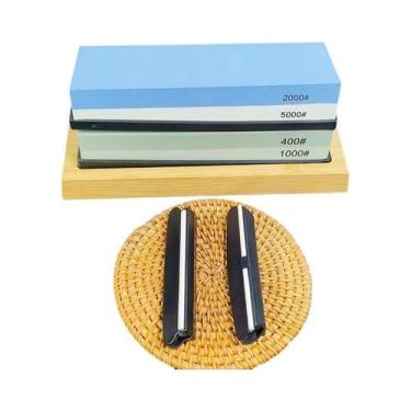 Imagem de Kit Profissional De Pedras De Afiar Facas Com Base De Bambu Antiderrap