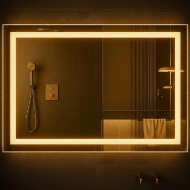 Imagem de Espelho Retangular 70x50 Led Jateado Premium Banheiro Lavabo Bivolt Quente-horizontal