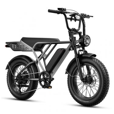 Imagem de Bicicleta elétrica Jasion RetroVolt Pro cinza, pneus 20x4, motor 750W pico 3000W, bateria 52V 20Ah, 7 marchas, freios hidráulicos