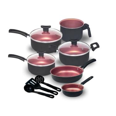 Imagem de Jogo de Panelas Kit 9 Peças Caçarola Frigideira e Canecão Antiaderente com Tampa de Vidro Teflon Preto Rosé