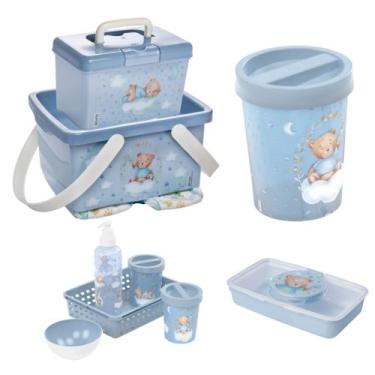 Imagem de Kit Higiene Organizador Fraldas Bebê 5 Pçs Plasútil Lixeira, Urso Azul
