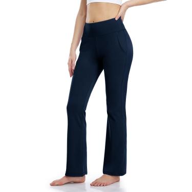 Imagem de Calça feminina com 2 bolsos de cintura alta calça de trabalho calça bootcut de ioga_Marinha||XXL