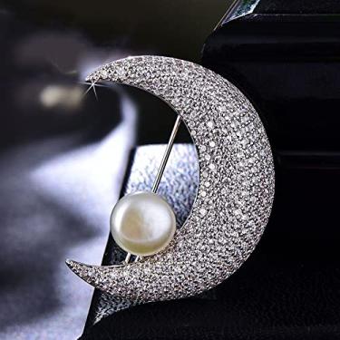Imagem de jinyi2016SHOP Broche feminino moderno de lua cheio de cristal de luxo acessório anual para mulheres elegantes acessório de fantasia feminina (cor de metal: banhado a prata)