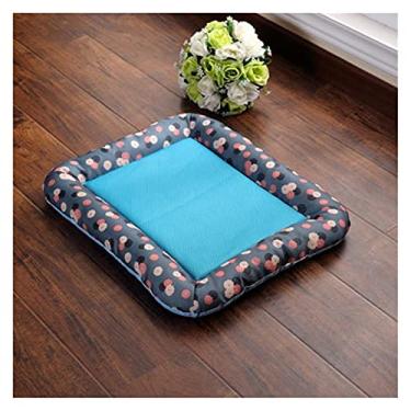 Imagem de Almofada para cães e gatos para animais de estimação, respirável, antiderrapante, primavera, verão, cama para cães e filhotes, tapete de seda gelada para carro, sofá, gato, cães, ninho, canil, colchão para animais de estimação (cor: flor azul, tamanho: M 52 x 43 cm)
