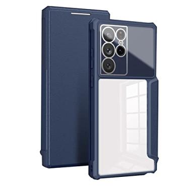 Imagem de Capa carteira para Samsung Galaxy S22/S22 Plus/S22 Ultra, capa flip magnética de couro PU capa traseira transparente de policarbonato com compartimento para cartão e suporte para proteção de câmera, azul, S22 de 6,1 polegadas