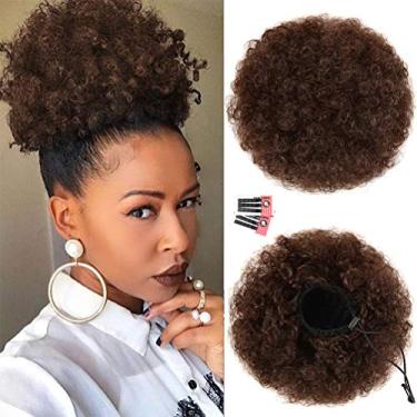 Imagem de Extensão de rabo de cavalo com cordão afro para mulheres negras, marrom médio premium #4 80 gramas curto sintético afro puff rabo de cavalo para cabelo natural, coque de rabo de cavalo