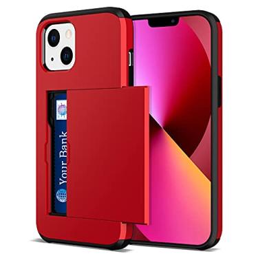 Imagem de Jiunai Capa compatível com iPhone 13 Mini, carteira com porta-cartões de crédito, bolso traseiro, capa deslizante, compartimento para cartão, capa de borracha, capa de telefone projetada para iPhone 13 Mini 5,4 '' 2021 Vermelho