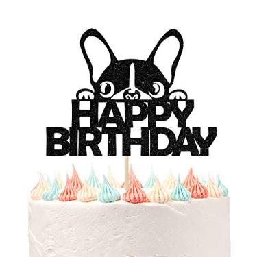 Imagem de Ferastar Happy Birthday Dog Cake Topper, Dog Birthday Theme Picks for Pet Party Decorations Supplies Black Glitter.