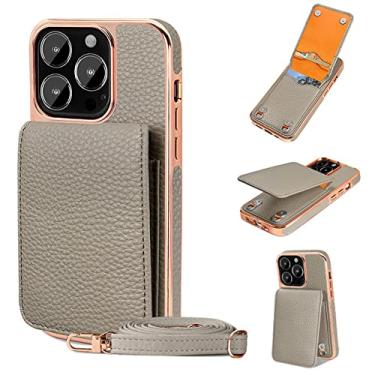 Imagem de lichia carteira de couro pu carteira de cartão de crédito capa de telefone para iphone 13 14 pro max capa fina de couro luxo, cinza, para iphone 13 promax